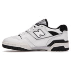 New Balance 550 White Black sneaker side view with smooth leather and perforated panel.
