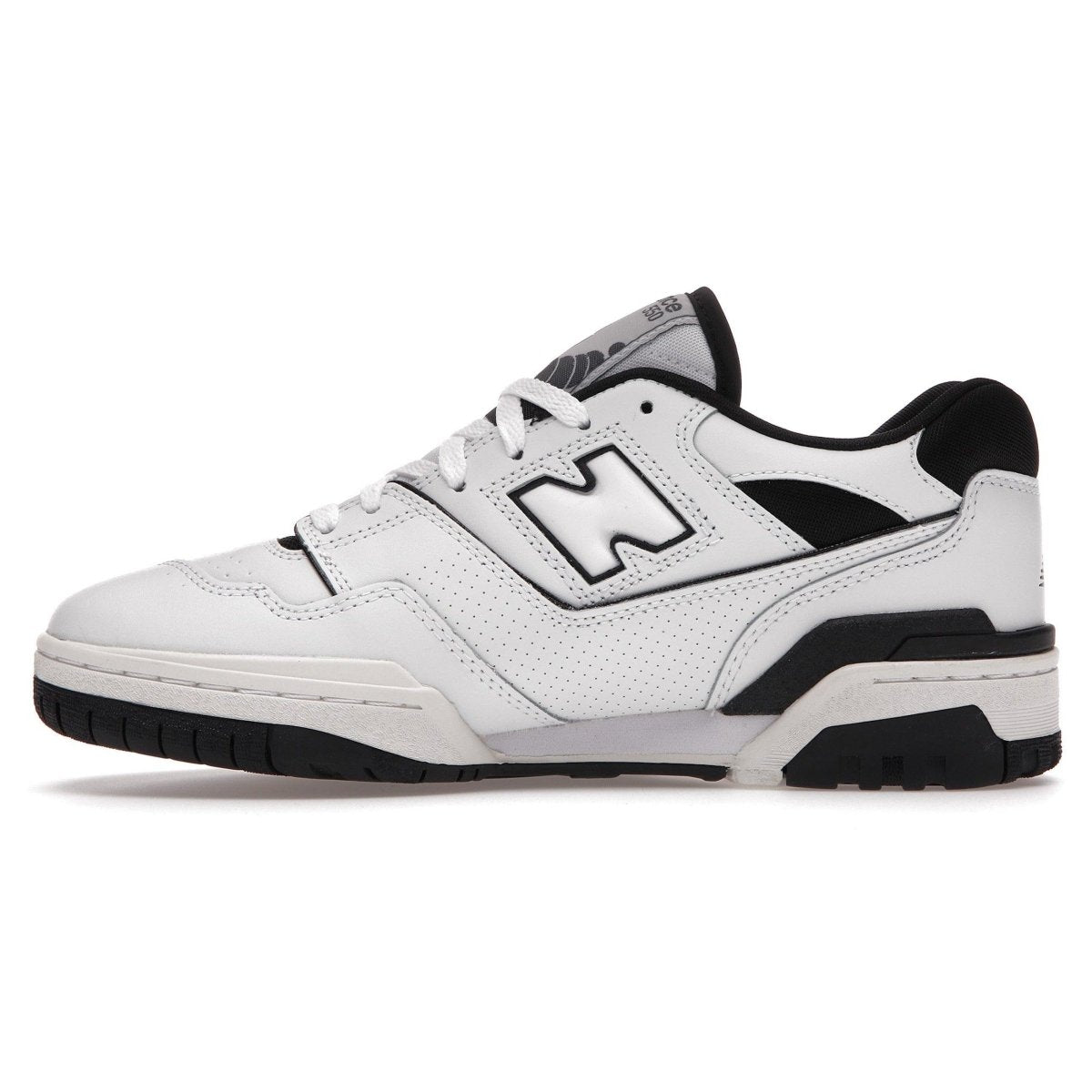 New Balance 550 White Black sneaker side view with smooth leather and perforated panel.