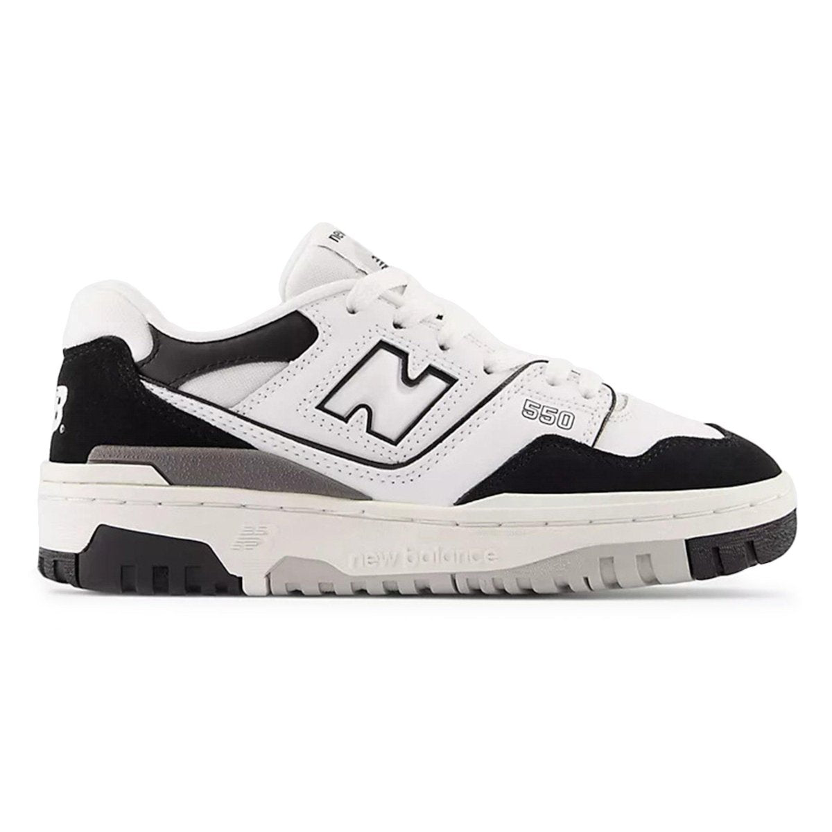 New Balance 550 White Black Rain Cloud sneaker in a stylish monochrome design, ideal for versatile everyday outfits.