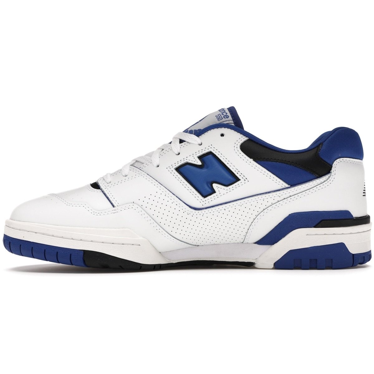 New Balance 550 White Blue sneaker side view featuring smooth leather and perforated sections for breathability.