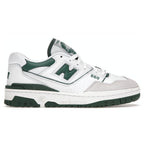 New Balance 550 sneakers in white and green, featuring leather upper, cushioned midsole, and durable rubber outsole.