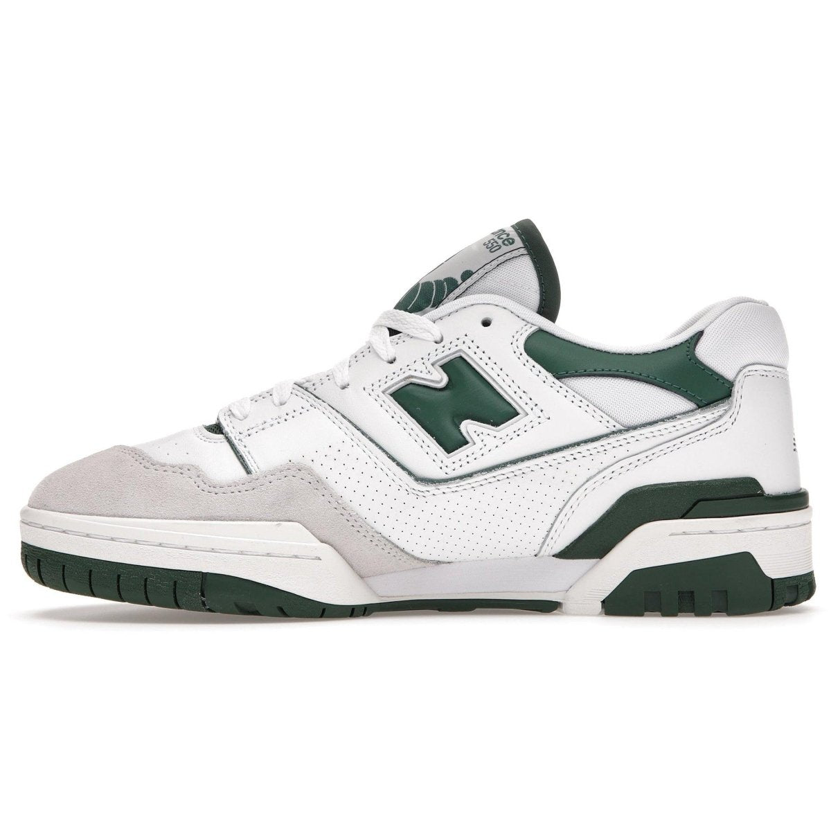 New Balance 550 sneakers in white and green, featuring leather upper, cushioned midsole, and durable rubber sole.