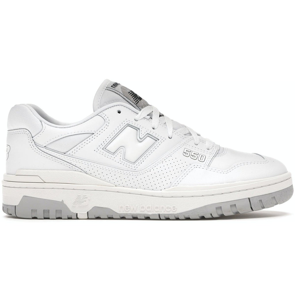 New Balance 550 White Grey sneakers with smooth leather and perforated panels for a stylish sporty look.