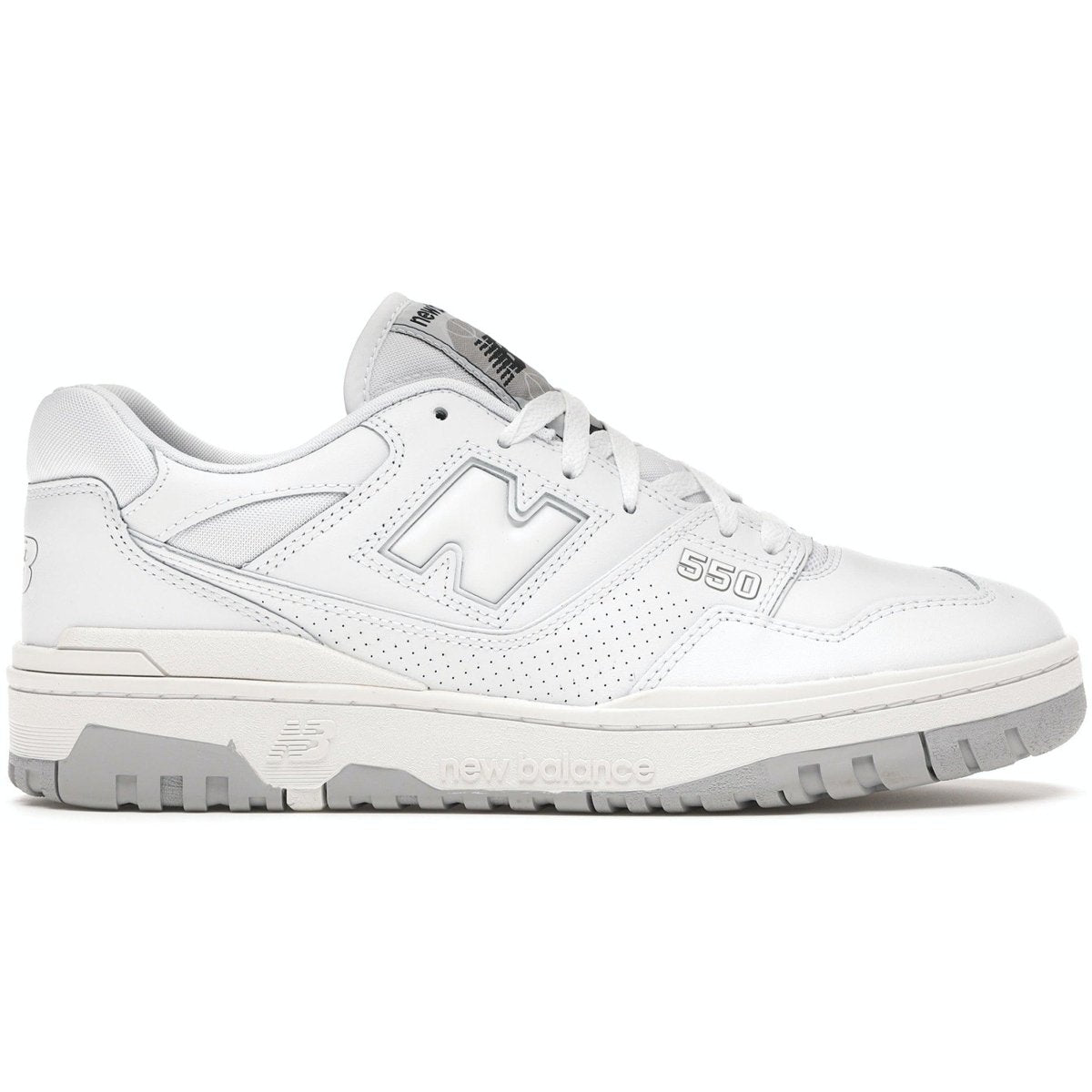 New Balance 550 White Grey sneakers with smooth leather and perforated panels for a stylish sporty look.