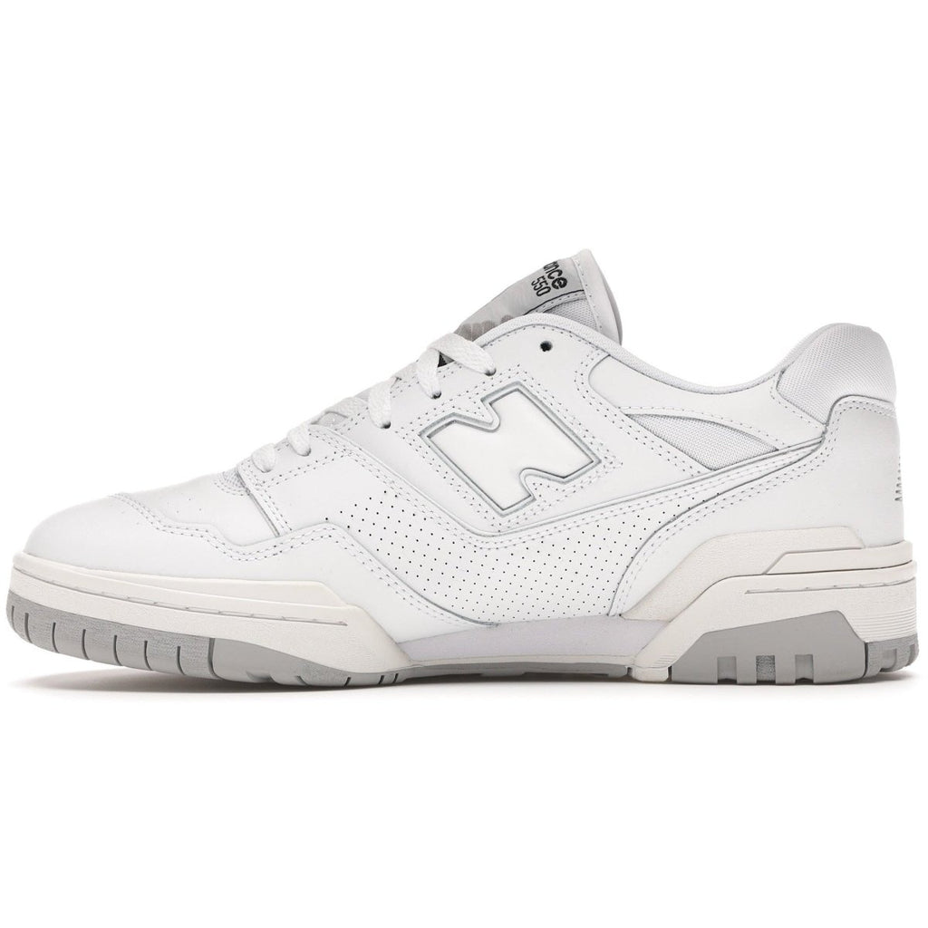 New Balance 550 White Grey sneaker featuring smooth leather upper and perforated panels for stylish comfort.