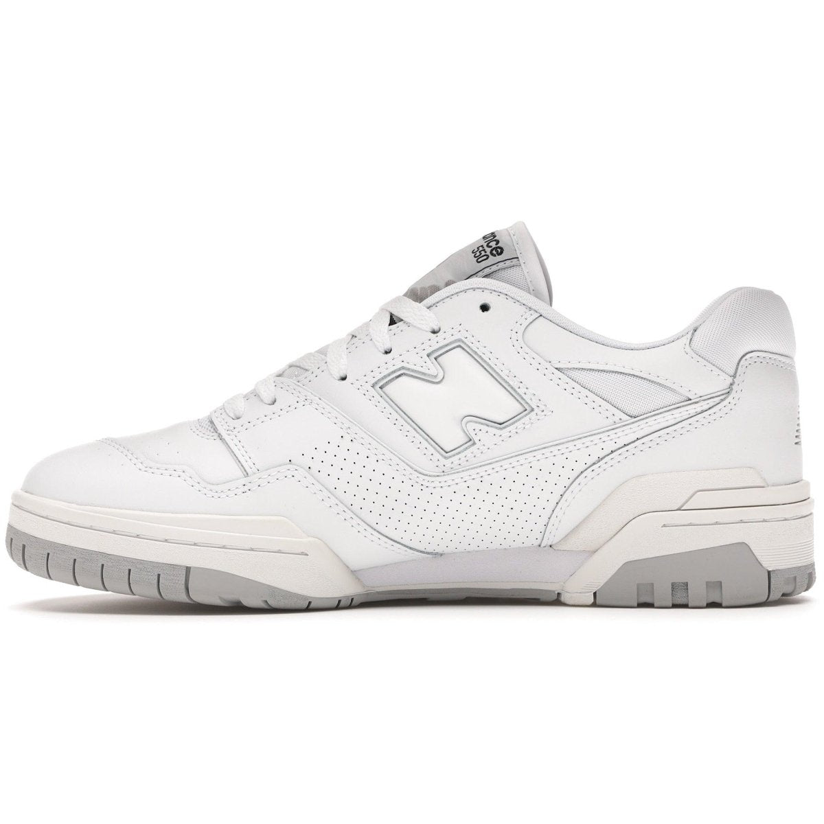 New Balance 550 White Grey sneaker featuring smooth leather upper and perforated panels for stylish comfort.