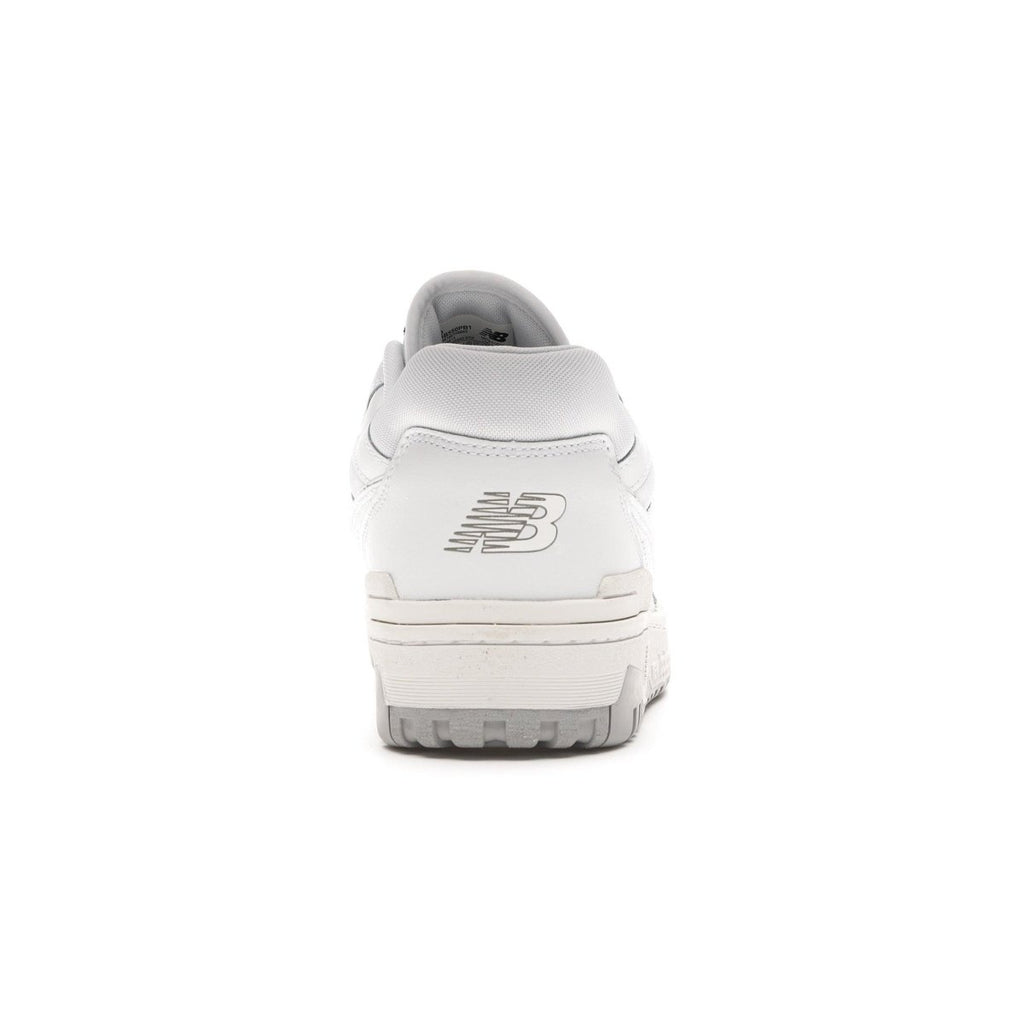 Back view of New Balance 550 White Grey sneaker, showcasing its smooth leather design and iconic logo.