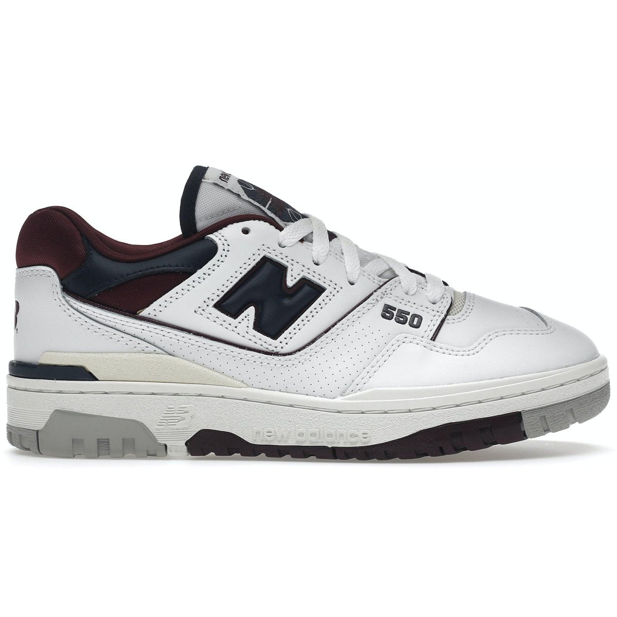 New Balance 550 sneakers in white, navy, and burgundy colors, featuring classic design and comfort.