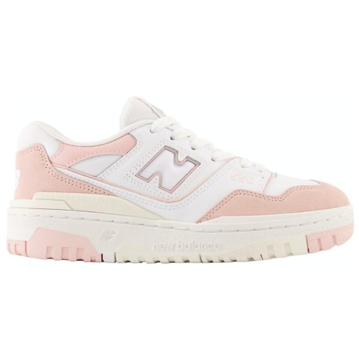 New Balance 550 White Pink Sea Salt GS sneaker featuring premium suede elements and classic brand details.