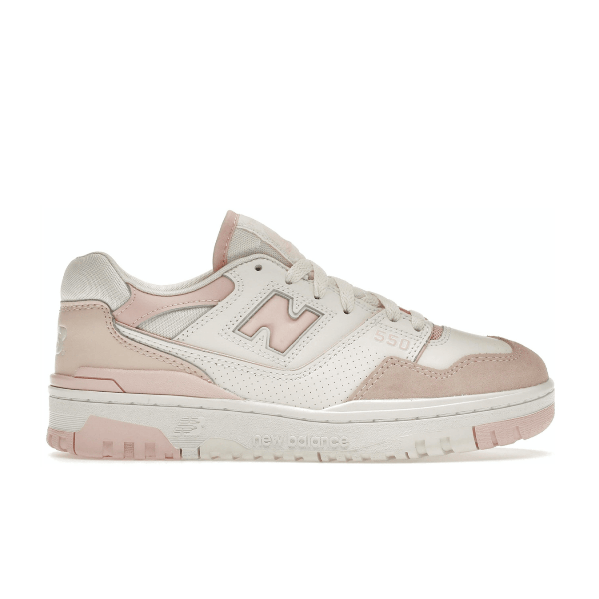 New Balance 550 White Pink (W) featuring mesh, leather, and suede materials with perforated details.