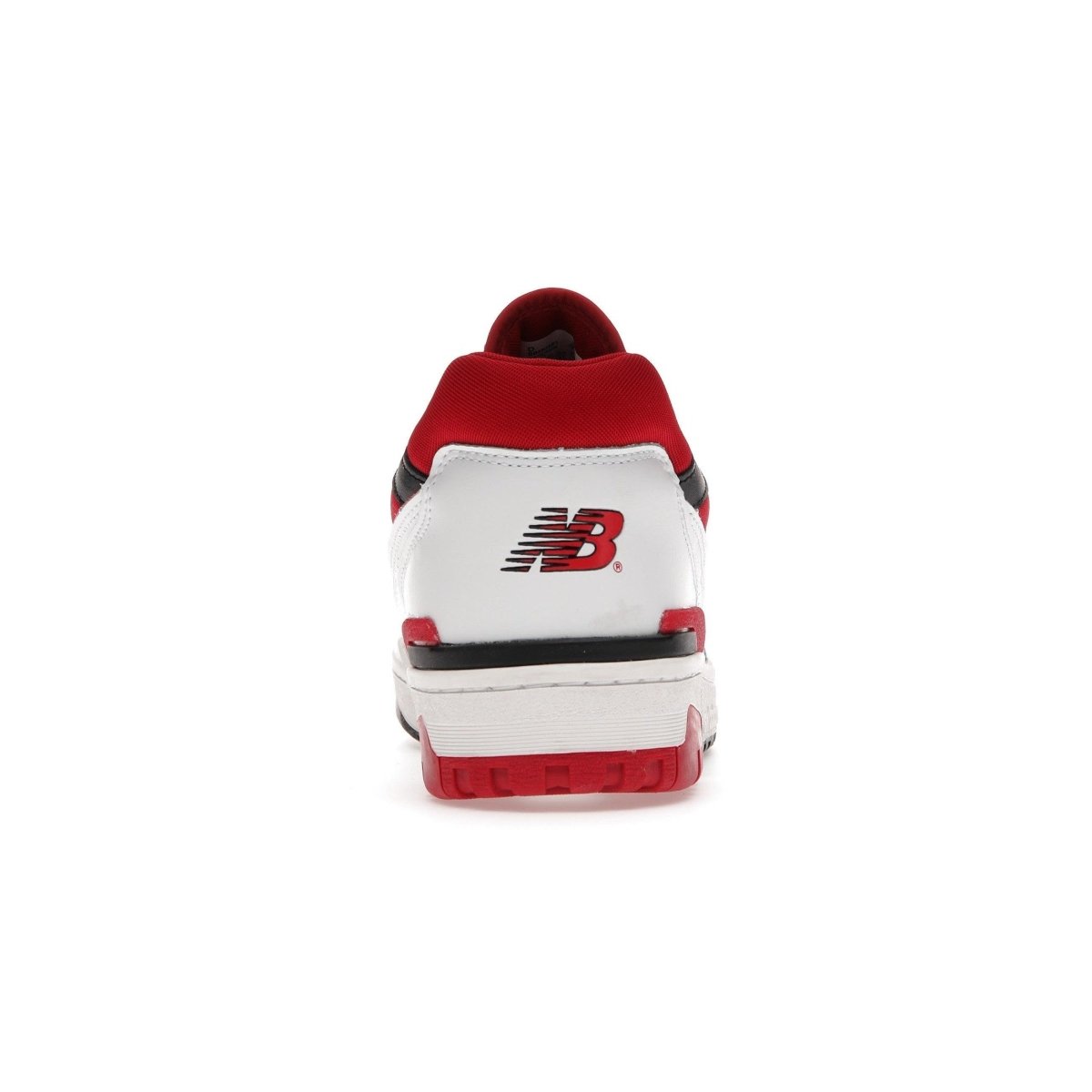 Back view of New Balance 550 sneakers in white and red, showcasing the signature logo and sporty design.