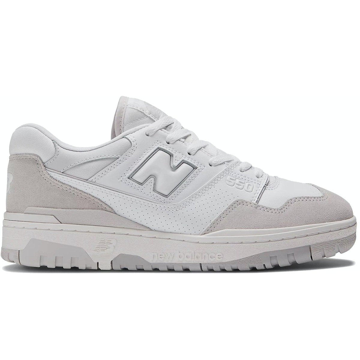 New Balance 550 White Summer Fog sneaker in white and gray leather, featuring a retro basketball design.