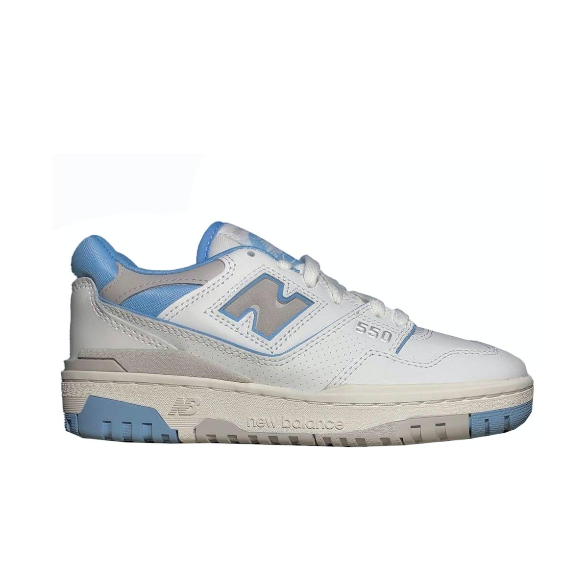 New Balance 550 White University Blue women's sneakers featuring smooth and perforated leather.