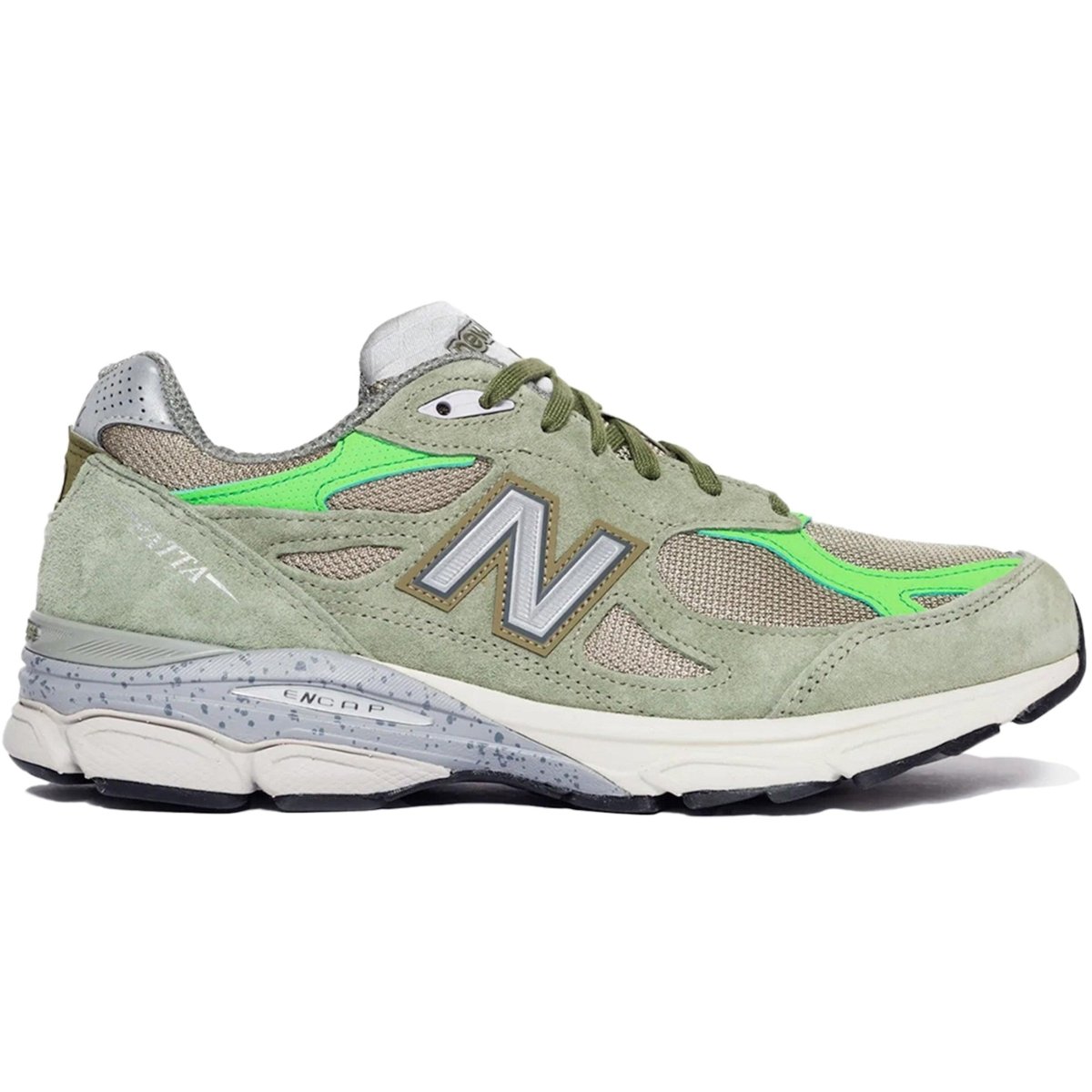New Balance 990v3 x Patta Olive sneakers featuring breathable beige mesh and olive green suede overlays.