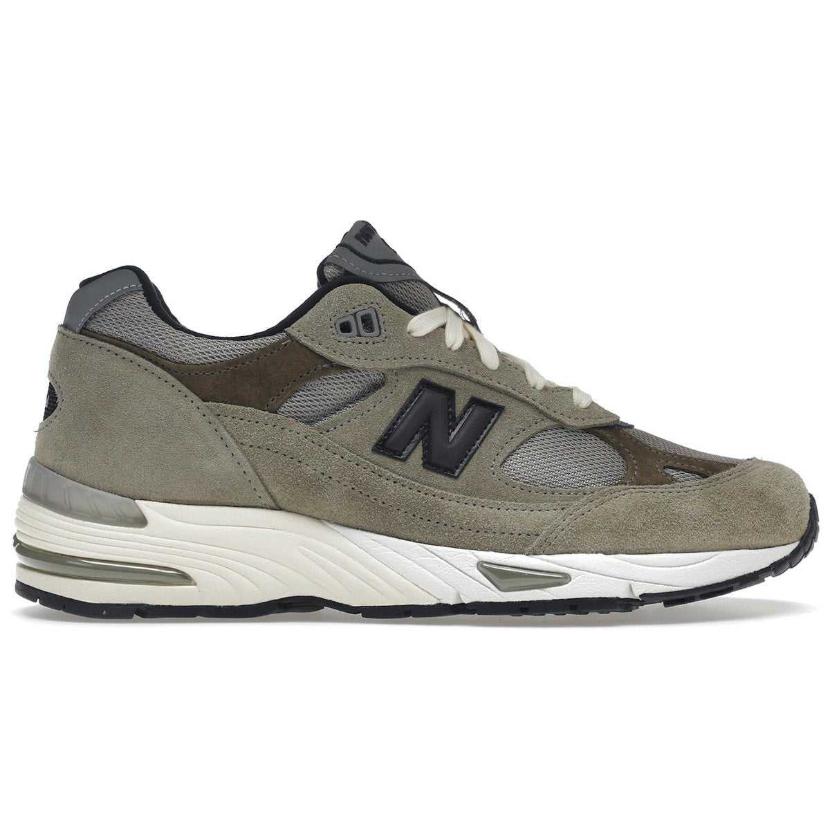New Balance 991 MiUK JJJJound Grey Olive sneakers with textile mesh and suede, featuring reflective details.