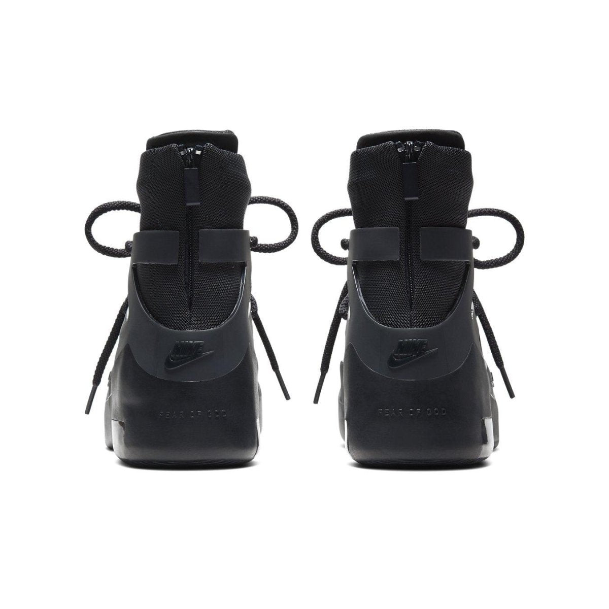 Nike Air Fear of God 1 Triple Black sneakers view from the back showcasing sleek design and signature branding.