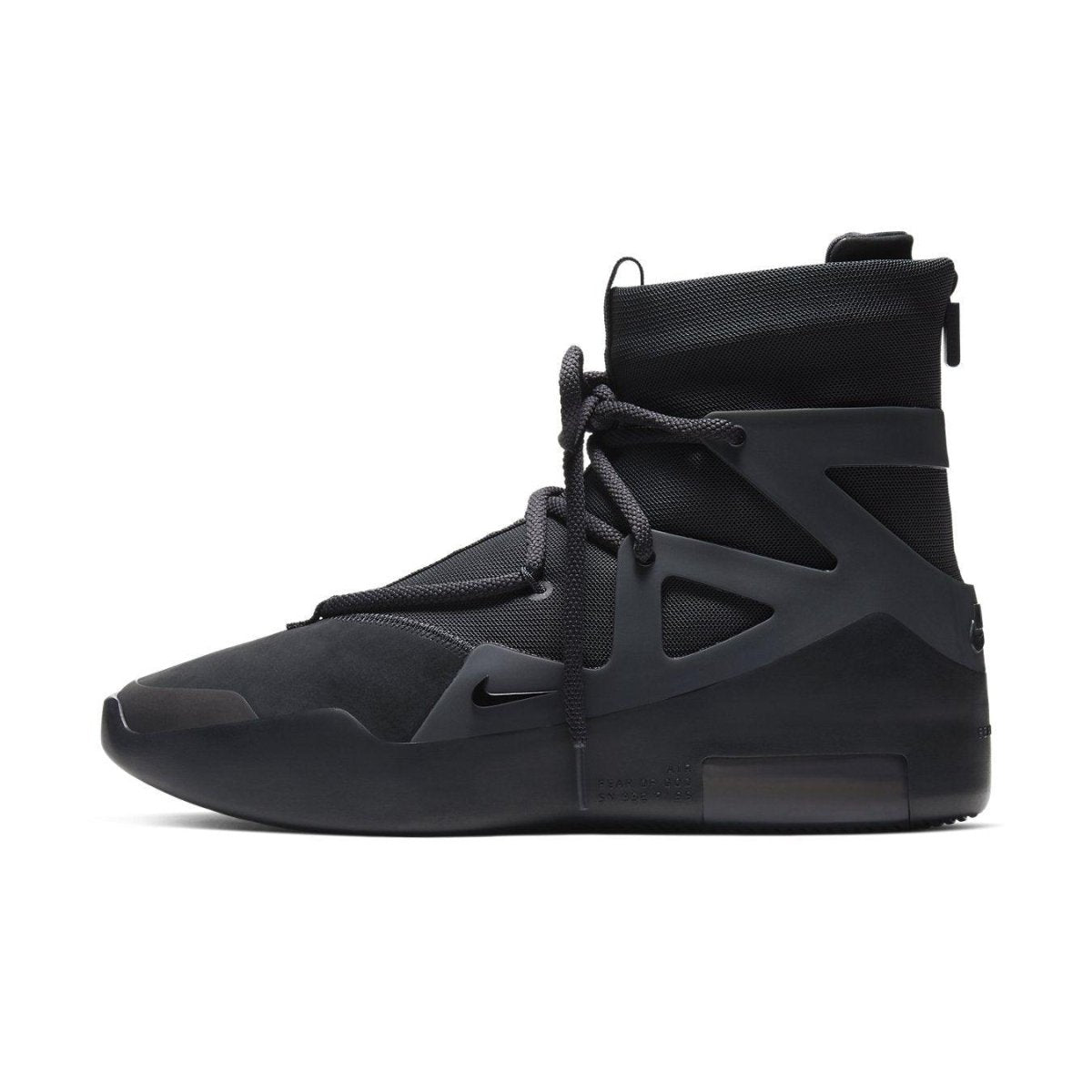 Nike Air Fear of God 1 Triple Black sneakers in an all-black design, showcasing a sleek and modern silhouette.