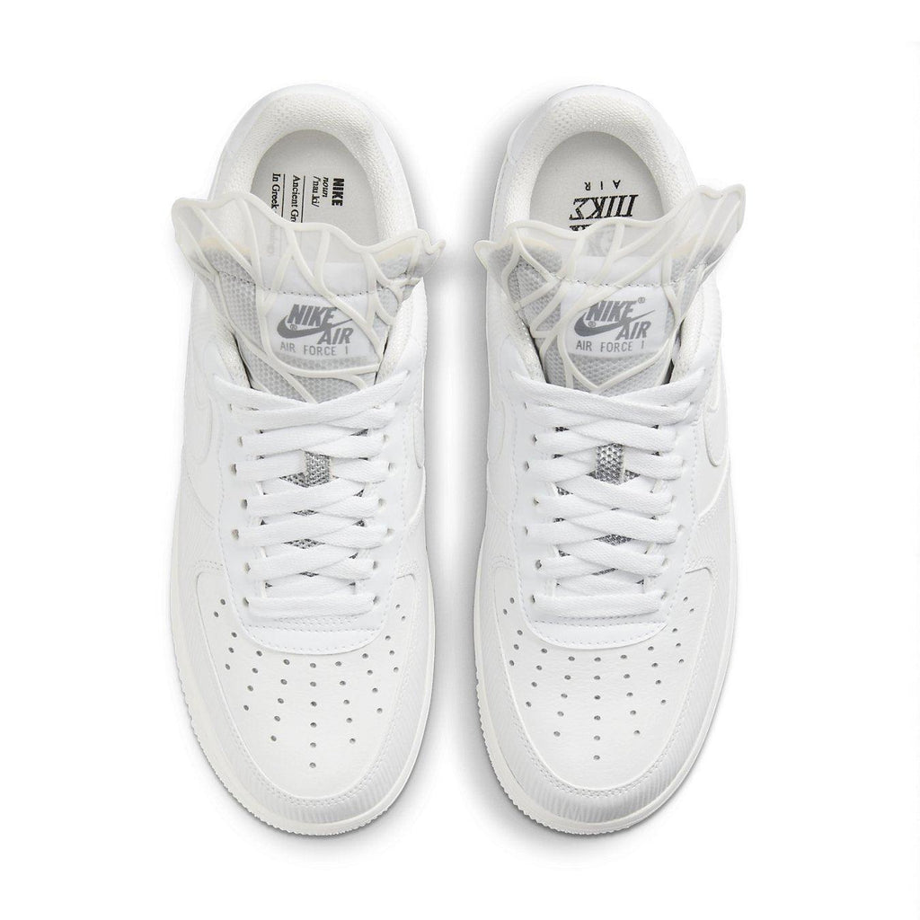Nike Air Force 1 Goddess of Victory sneakers in white with wing detailing on the tongue, top view.
