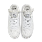 Nike Air Force 1 Goddess of Victory sneakers in white with wing detailing on the tongue, top view.