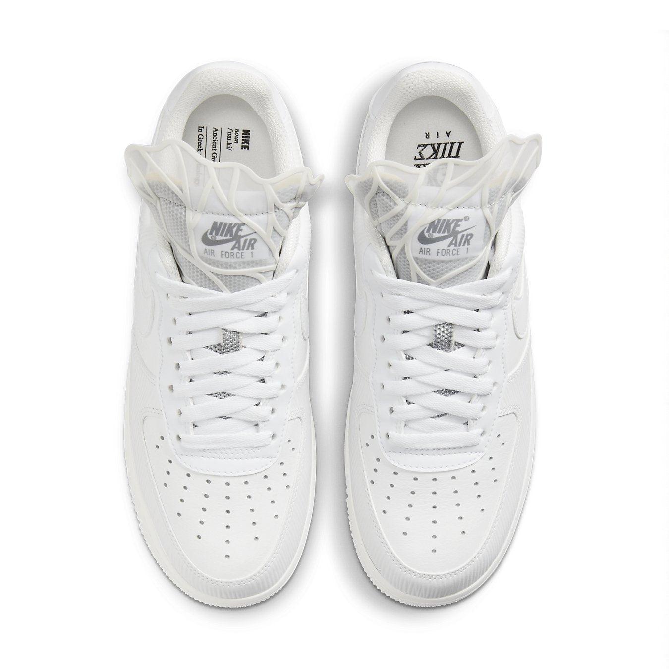 Nike Air Force 1 Goddess of Victory sneakers in white with wing detailing on the tongue, top view.