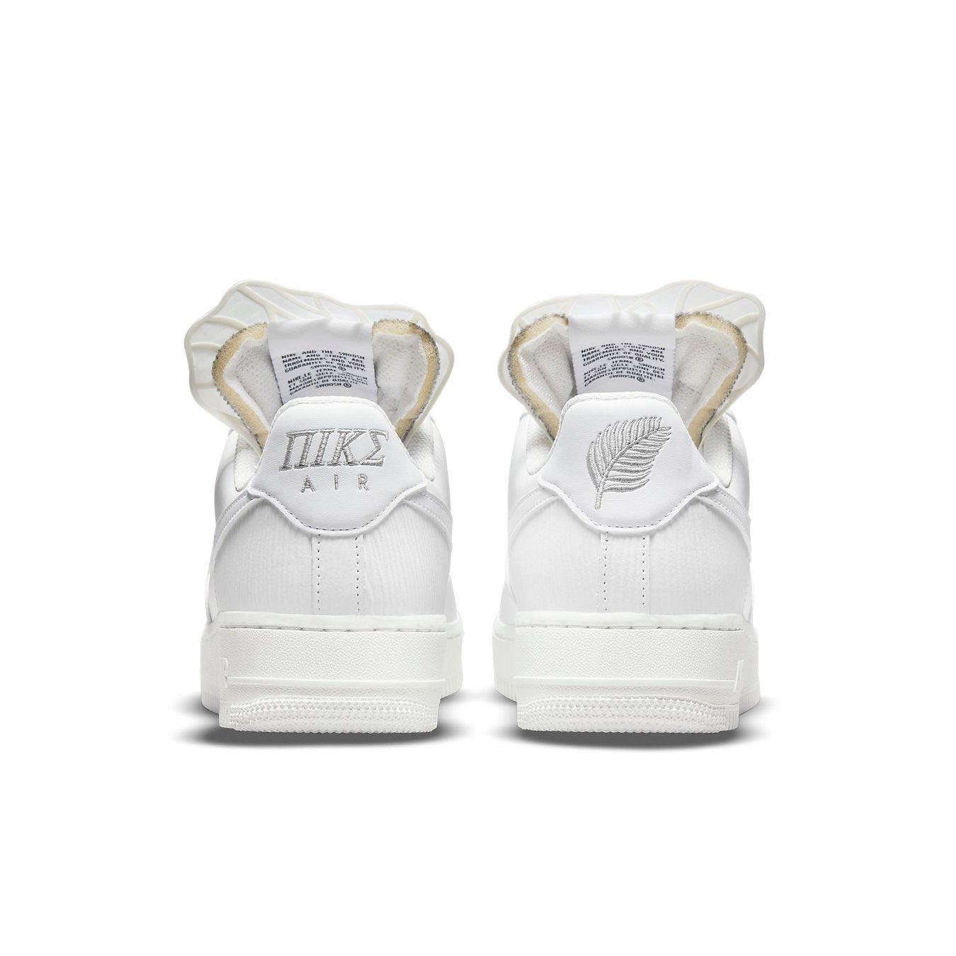 Nike Air Force 1 Goddess of Victory women's sneakers, featuring decorative wings on the tongue and classic design elements.