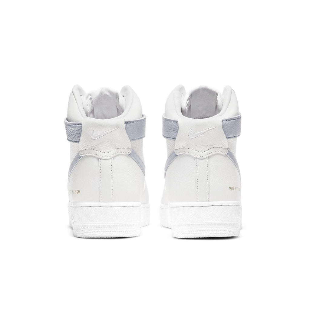 Nike Air Force 1 High 1017 ALYX 9SM in white and grey, showcasing unique branding and distinctive buckle design.