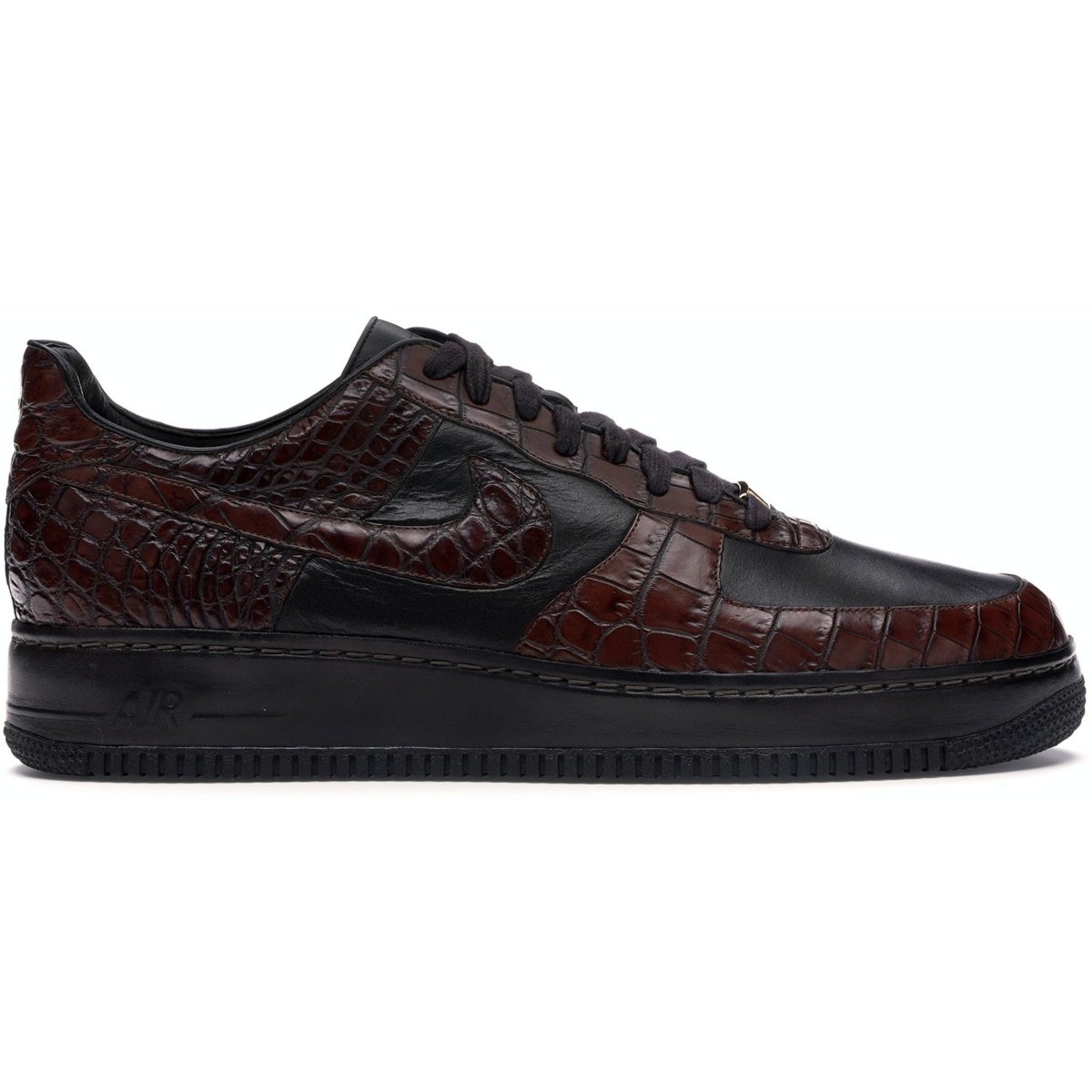 Nike Air Force 1 Low Crocodile Lux in dark brown leather with crocodile texture and black accents, side view.