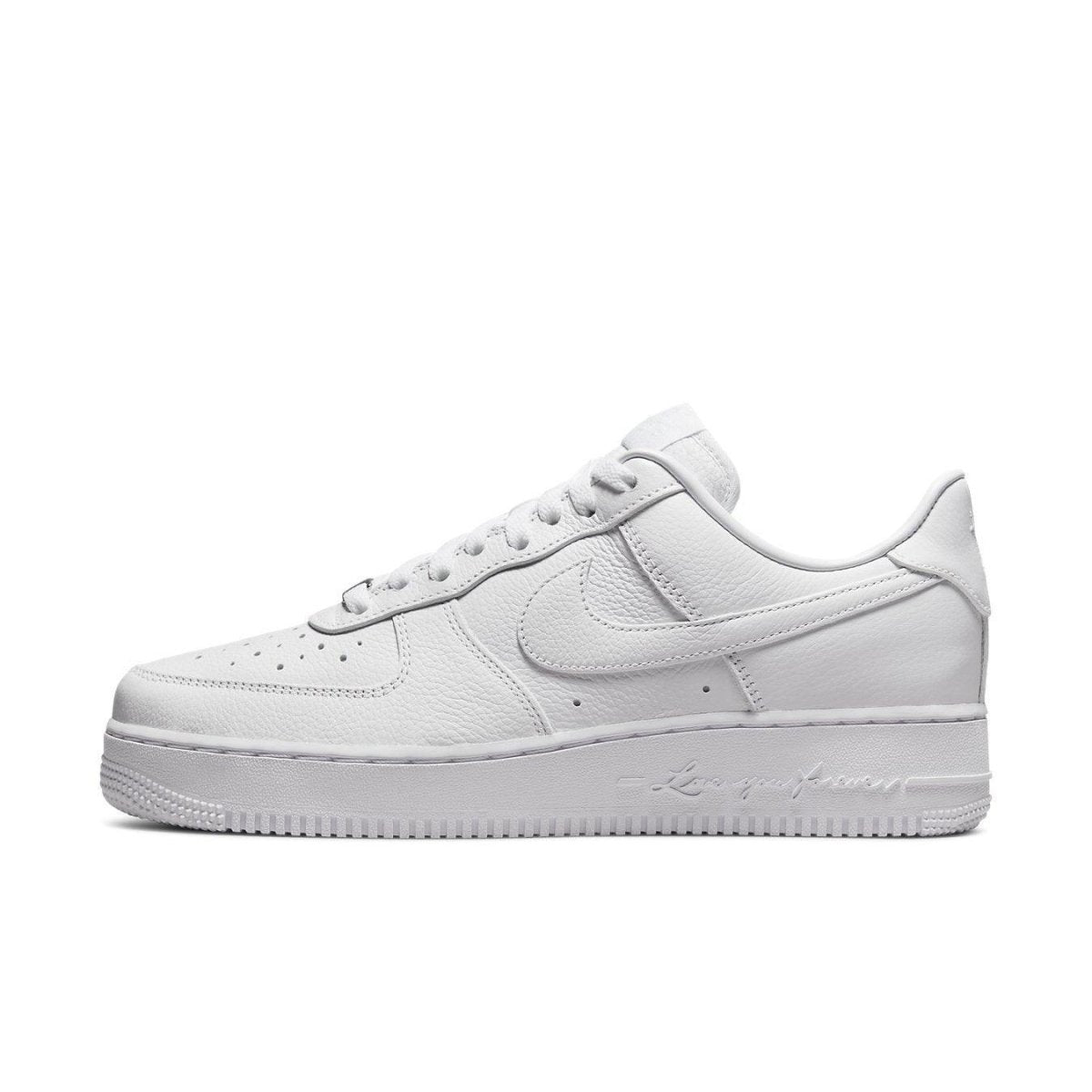 Nike Air Force 1 Low Drake NOCTA Certified Lover Boy white leather sneaker side view.