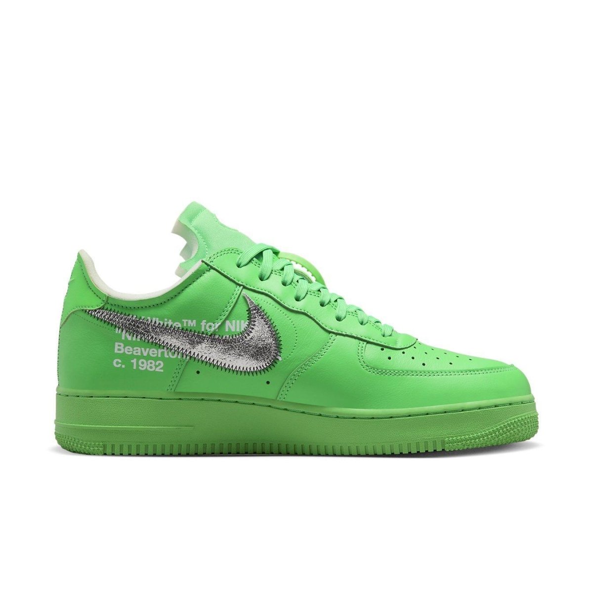 Nike Air Force 1 Low Off-White Brooklyn in bright green leather with foam details and signature swoosh design.