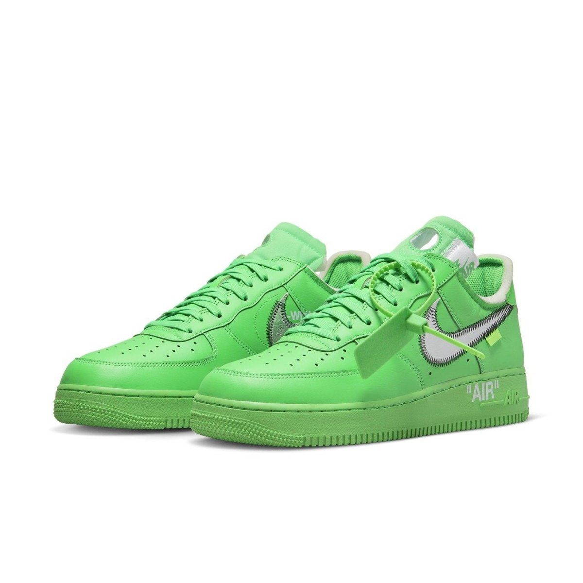Nike Air Force 1 Low Off-White Brooklyn sneakers in bright green leather with foam details and signature branding.