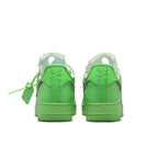Nike Air Force 1 Low Off-White Brooklyn in vibrant green, showcasing the back view with visible foam collar details.