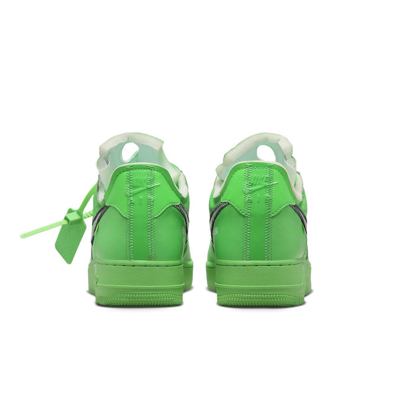 Nike Air Force 1 Low Off-White Brooklyn in vibrant green, showcasing the back view with visible foam collar details.