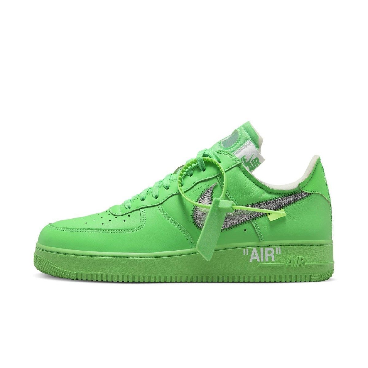 Nike Air Force 1 Low Off-White Brooklyn in vibrant green with signature details and exposed foam construction.