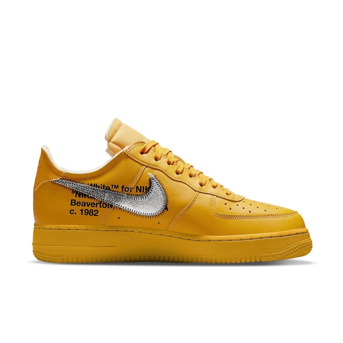 Nike Air Force 1 Low Off-White in University Gold with silver Swoosh and distinctive Helvetica typography.