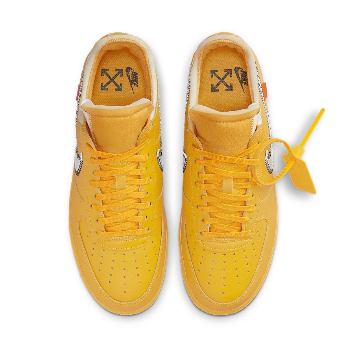 Nike Air Force 1 Low Off-White ICA University Gold in striking yellow with silver Swoosh and Helvetica typography.