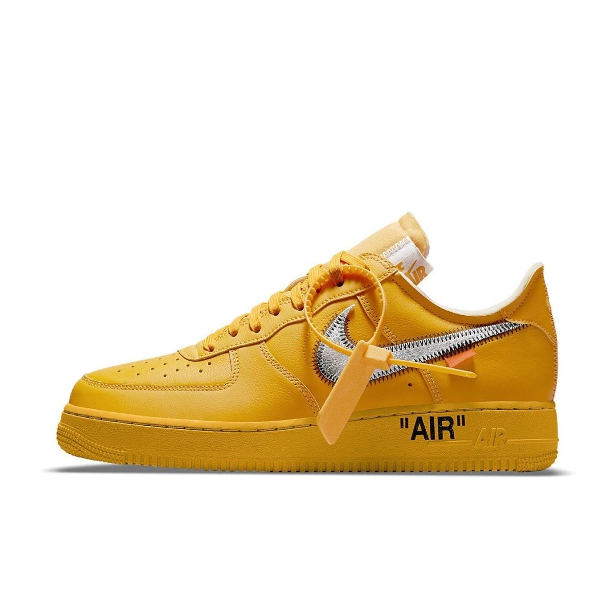 Nike Air Force 1 Low Off-White ICA in University Gold with silver Swoosh and distinctive Helvetica typography.