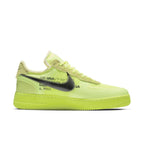Nike Air Force 1 Low Off-White in Volt colorway with black Swoosh and neon yellow design.