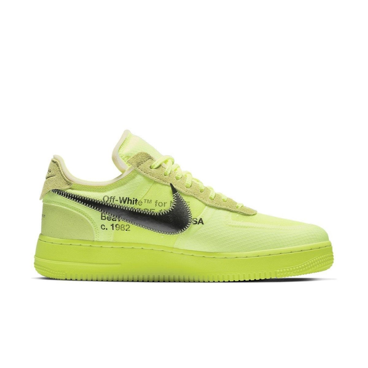 Nike Air Force 1 Low Off-White in Volt colorway with black Swoosh and neon yellow design.
