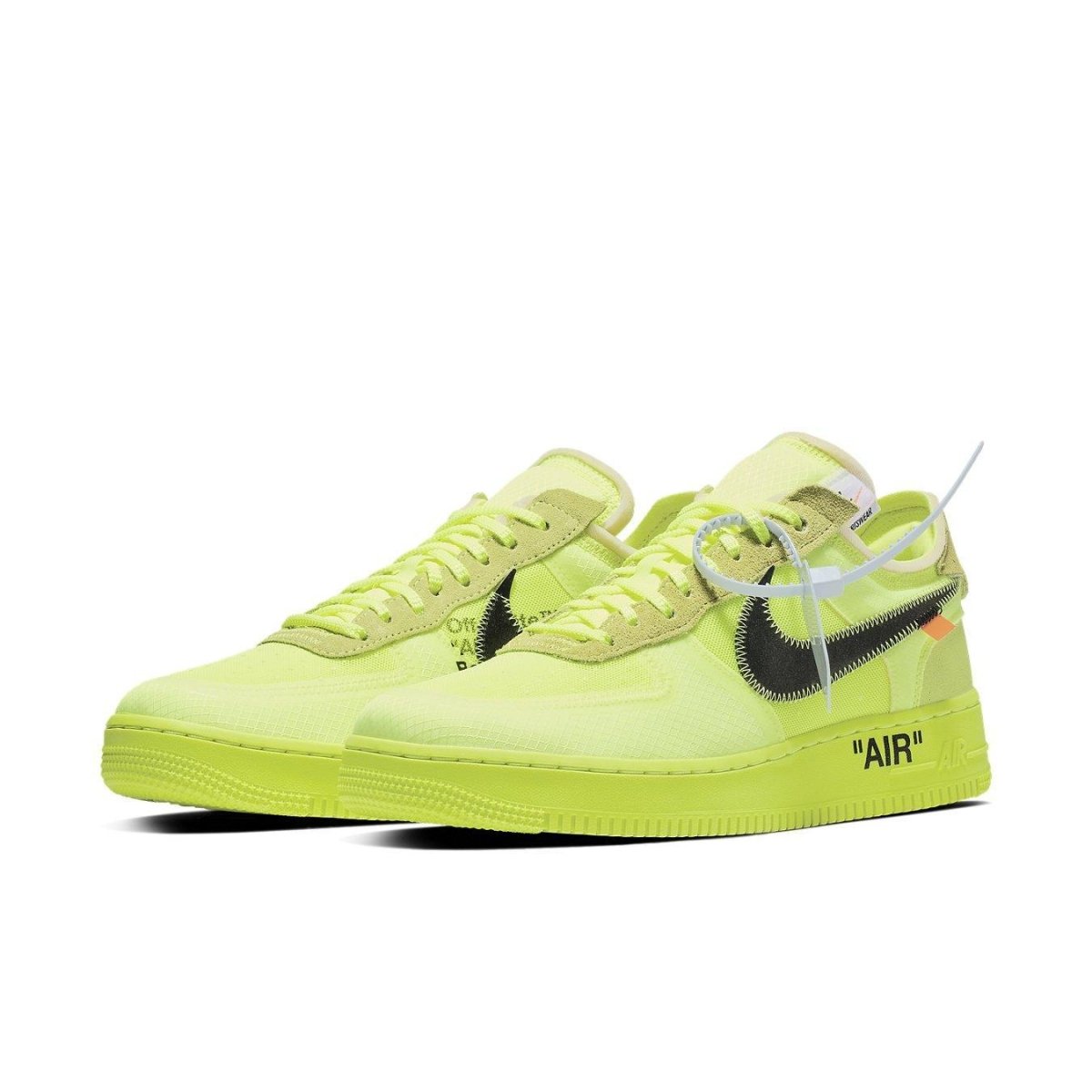Nike Air Force 1 Low Off-White Volt shoes in vibrant yellow with black Swoosh and orange tag.