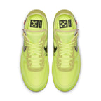 Nike Air Force 1 Low Off-White Volt in vibrant neon yellow with black Swoosh and orange patch, top view.