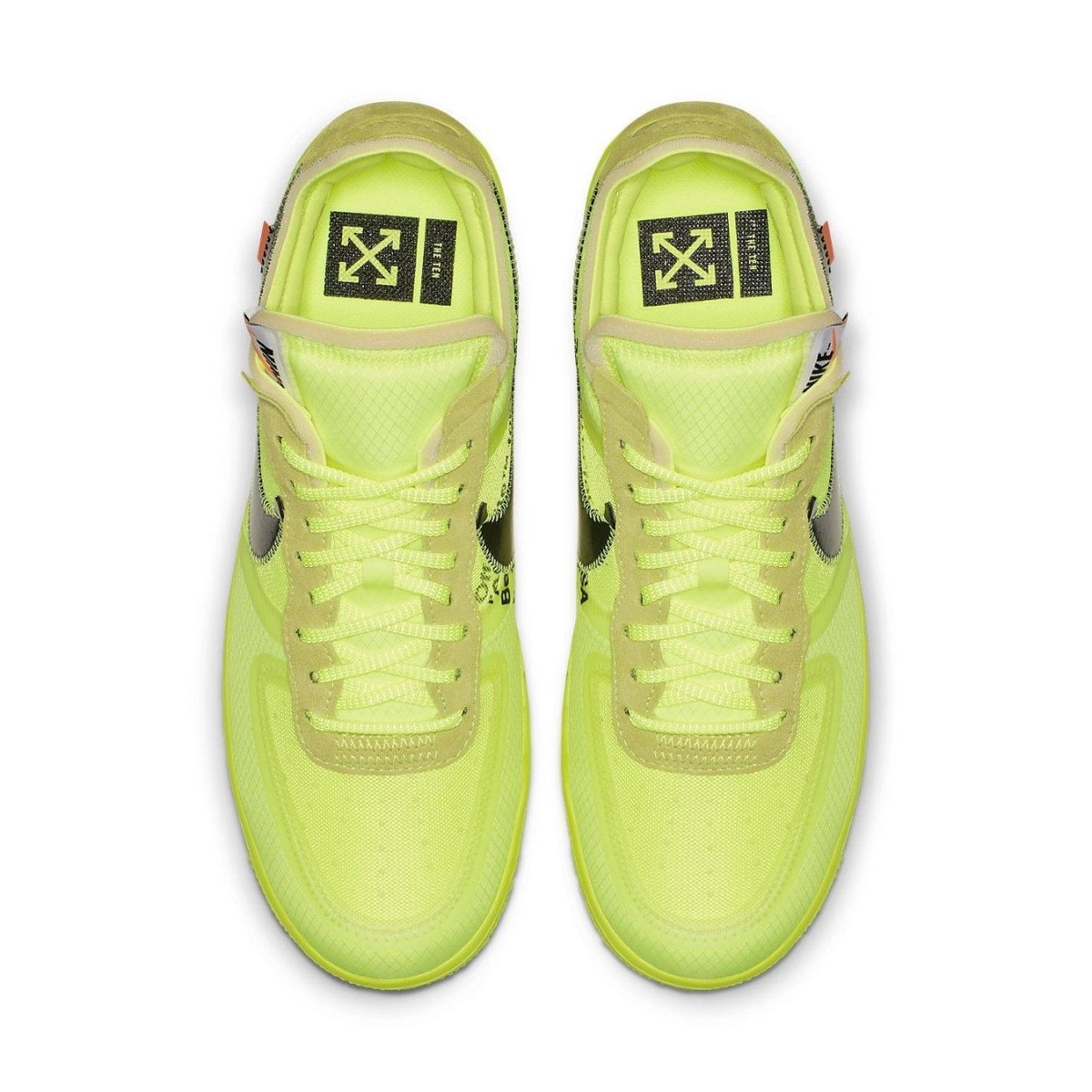 Nike Air Force 1 Low Off-White Volt in vibrant neon yellow with black Swoosh and orange patch, top view.