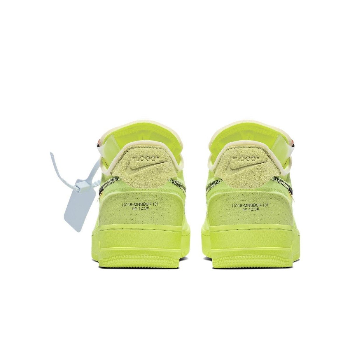 Rear view of Nike Air Force 1 Low Off-White Volt showcasing vibrant yellow color and distinctive design details.
