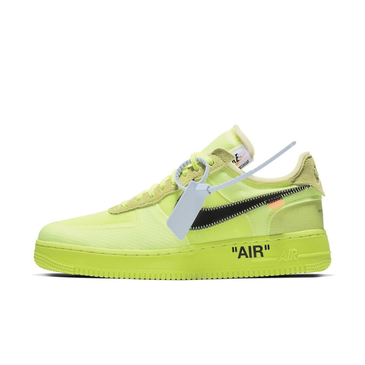 Nike Air Force 1 Low Off-White Volt sneaker in vibrant neon green with black Swoosh and signature Off-White detailing.