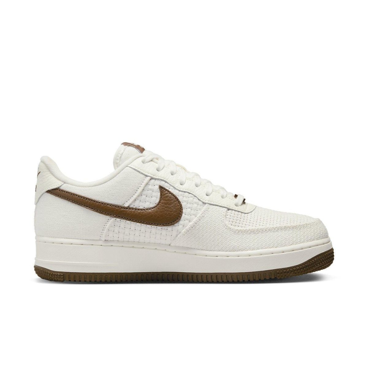 Nike Air Force 1 Low SNKRS Day 5th Anniversary sneaker in white with brown accents, side view.