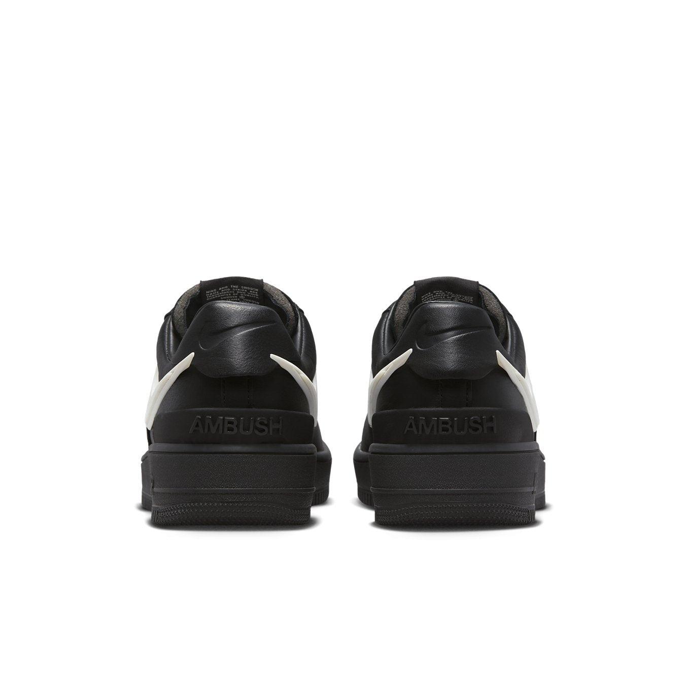 Nike Air Force 1 Low SP AMBUSH Black sneaker rear view with co-branding details and unique Swoosh design.