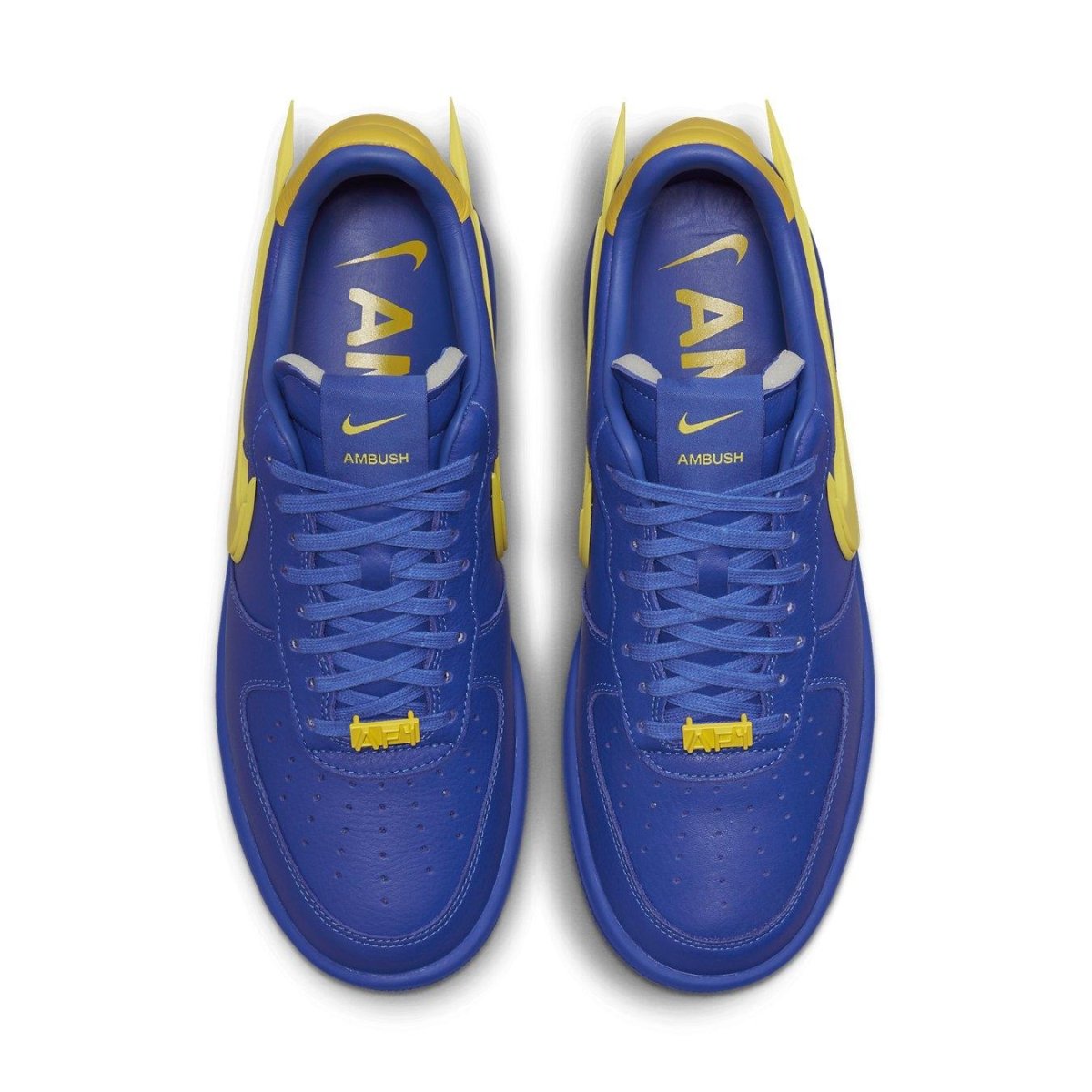Top view of Nike Air Force 1 Low SP AMBUSH in Game Royal with yellow accents and distinctive design.