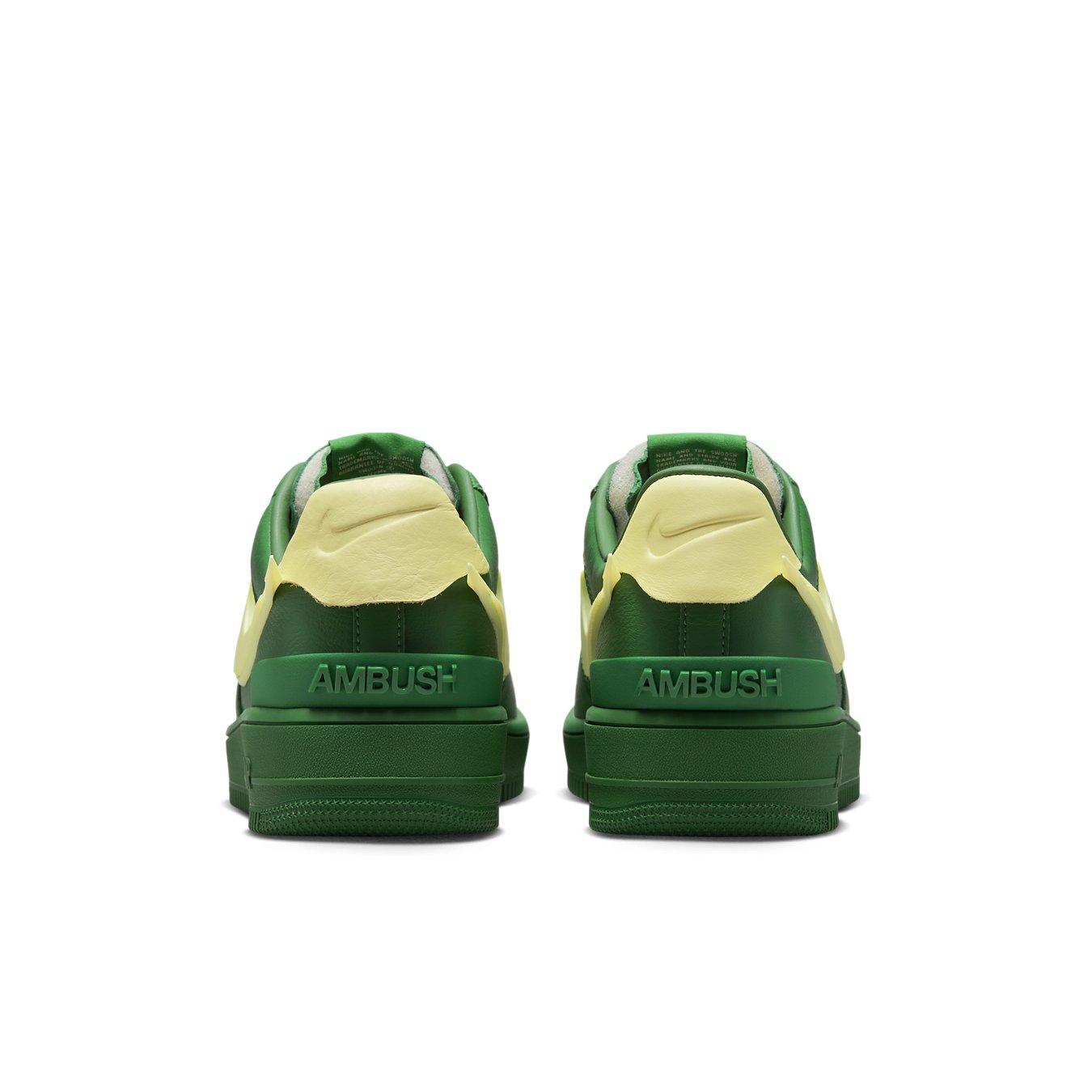 Back view of Nike Air Force 1 Low SP AMBUSH Pine Green sneakers showcasing unique colorway and logo design.