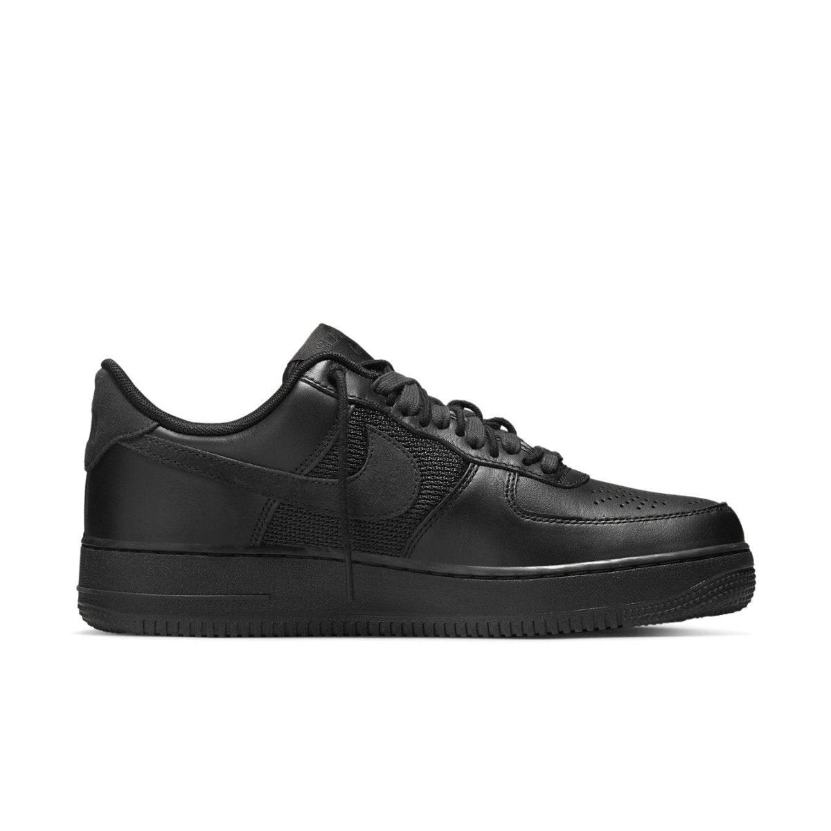 Nike Air Force 1 Low SP Slam Jam Black with all-black design and mesh paneling, featuring additional woven laces.