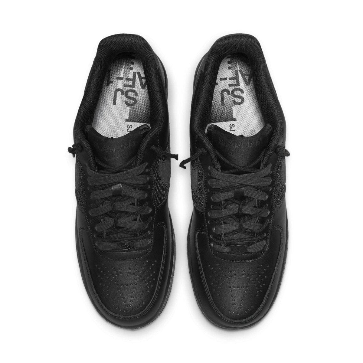 Nike Air Force 1 Low SP Slam Jam in all-black design with custom laces and unique perforated toe.