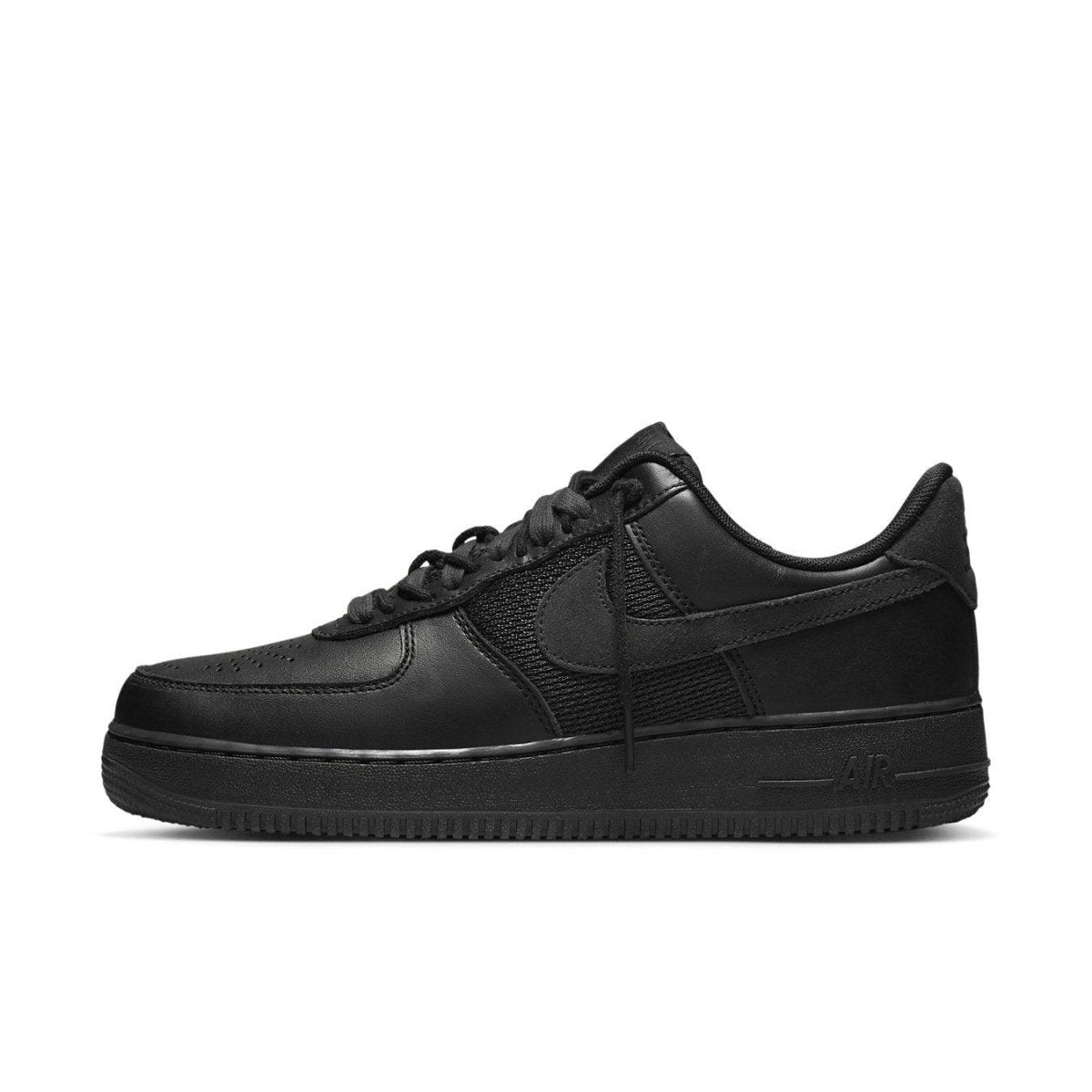 Nike Air Force 1 Low SP Slam Jam Black sneaker with black leather and mesh details.